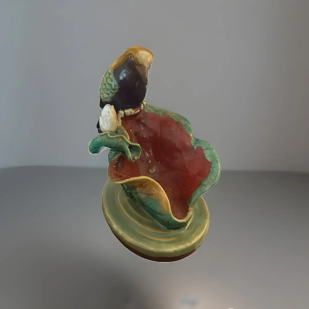 Antique Majolica Bird Perched On Water Lily By Or In Style Of Joseph Holdcroft